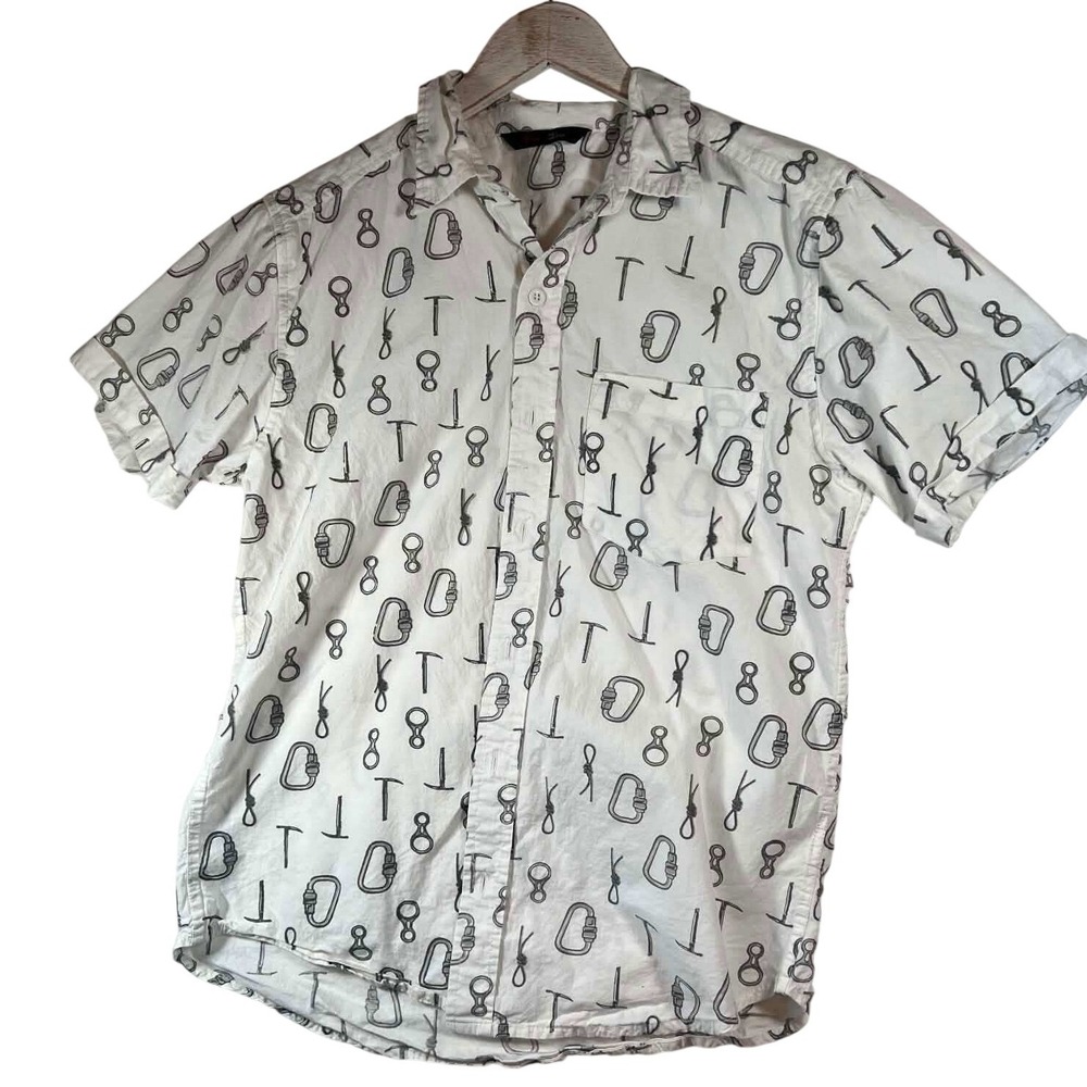 Stoic Mens White Rock Climbing Gear‎ Print Short Sleeve Button Up Shirt Size S